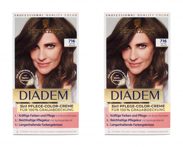 2x Schwarzkopf Diadem 3in1 Pflege-Color-Creme 716 Mittelbraun EAN4015100743593
