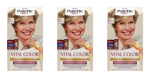 3x Poly Palette Vital Color Intensive Creme-Haarfarbe 8-1 Mittelaschblond EAN4015100802719